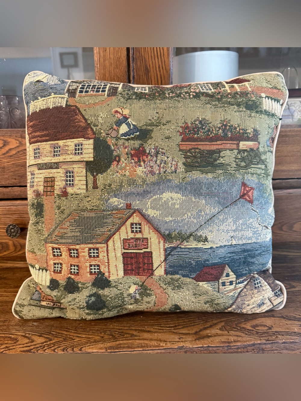 VTG Seaside Americana Town Embroidered Tapestry Granny Cottage Throw Pillow